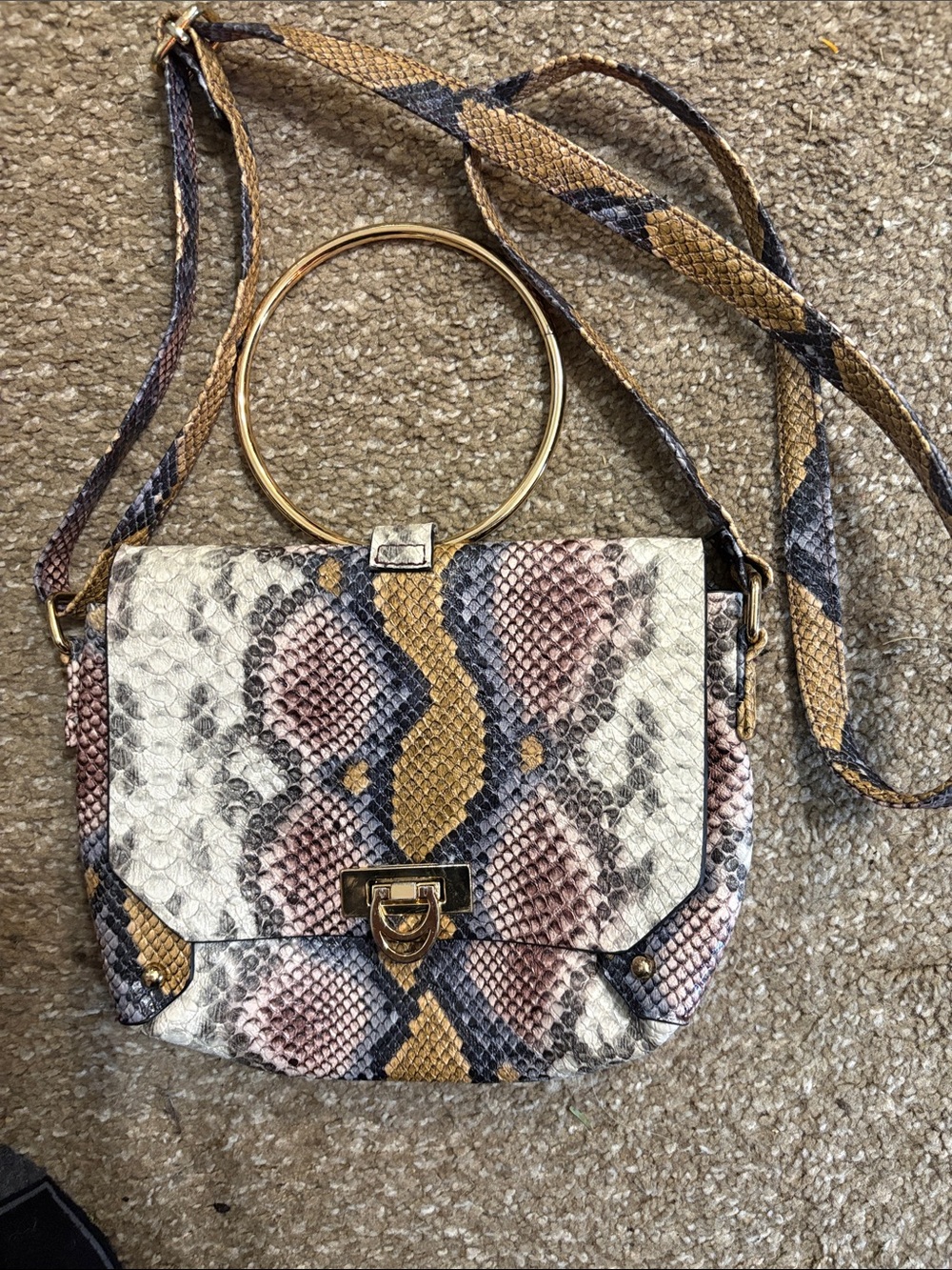 Primark Snake-Print Crossbody Bag in Pink, Tan & White with Gold Ring